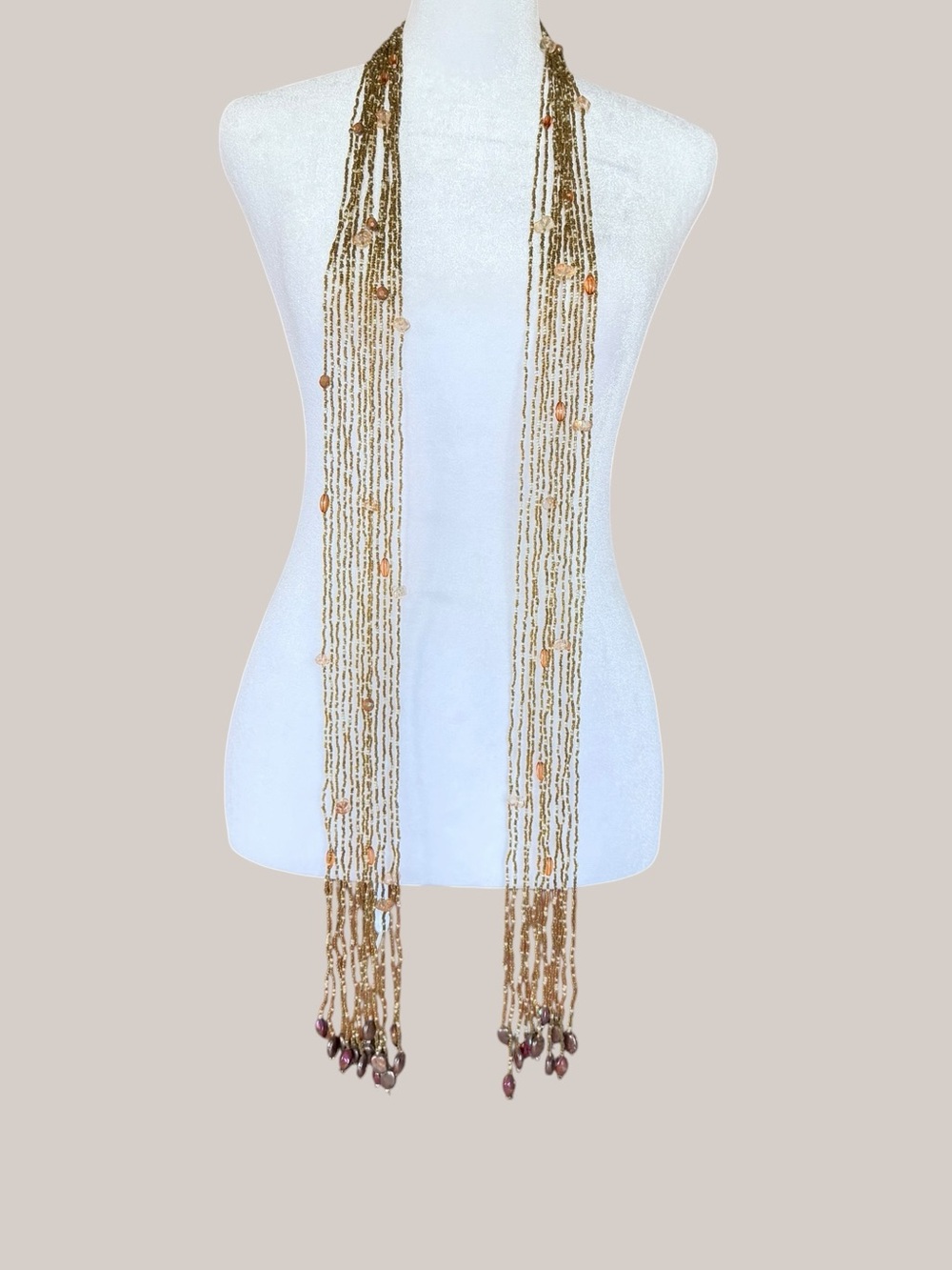 Y2K Thin Seed Bead Scarf Necklace Boho Festival Bali Beads Multi Strand - Picture 7 of 7